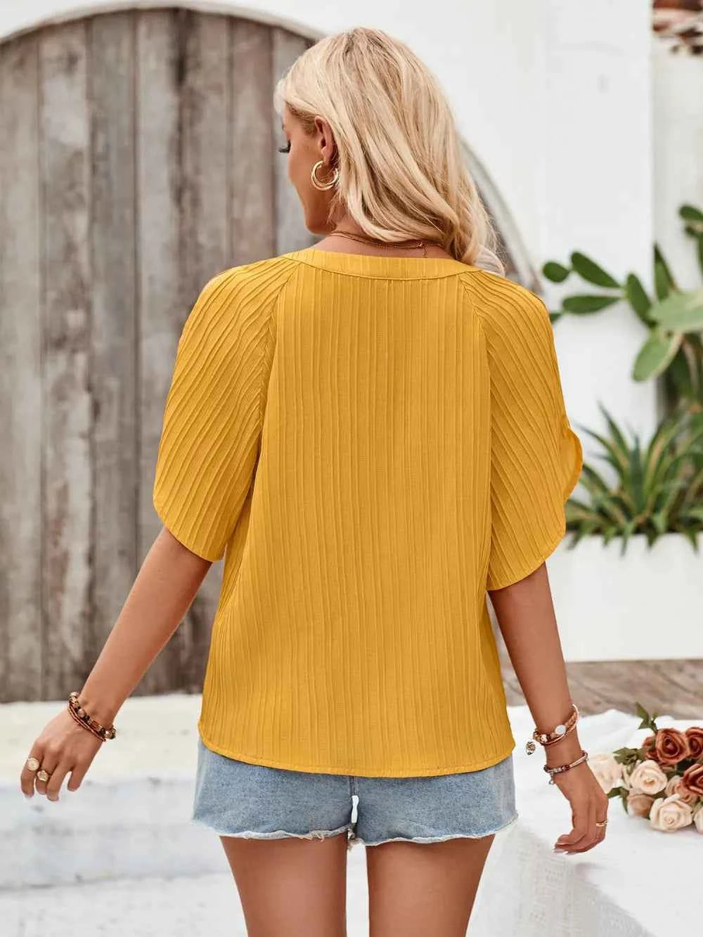 Notched Slit Half Sleeve Blouse 6991273c-30e6-444a-bccf-09a2d39c6ca5-Max