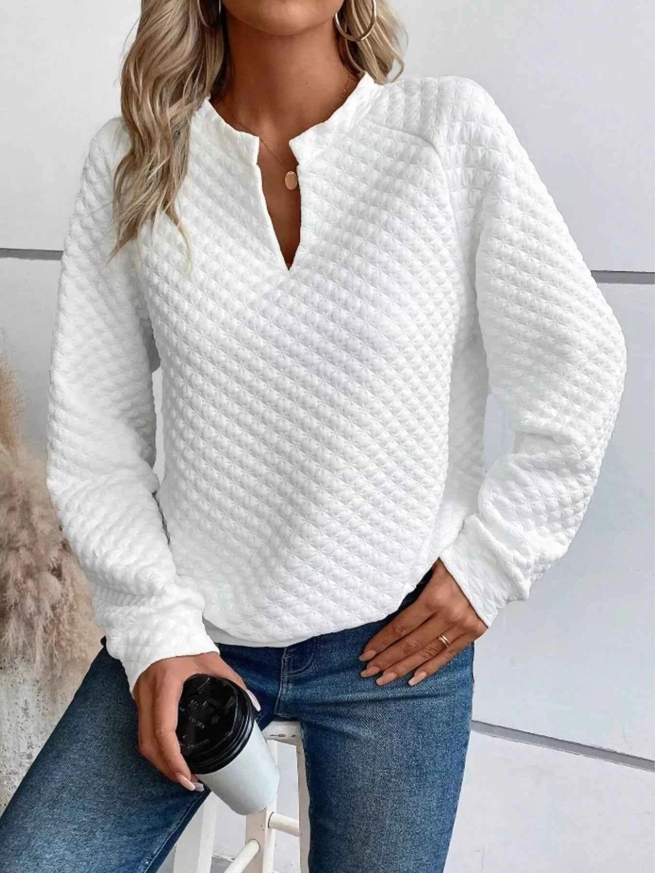 Textured Long Sleeve Notched Sweatshirt White 69970997521447278c9cdd284b7e91a1-Max-Origin