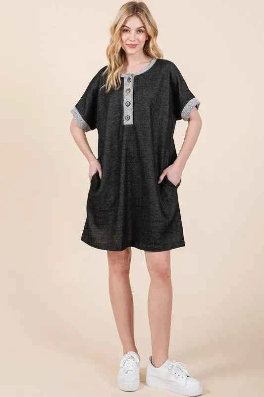 Casual Contrast Trim Henley Dress 6997192762644c68bca4e8223edf4559-Max-Origin