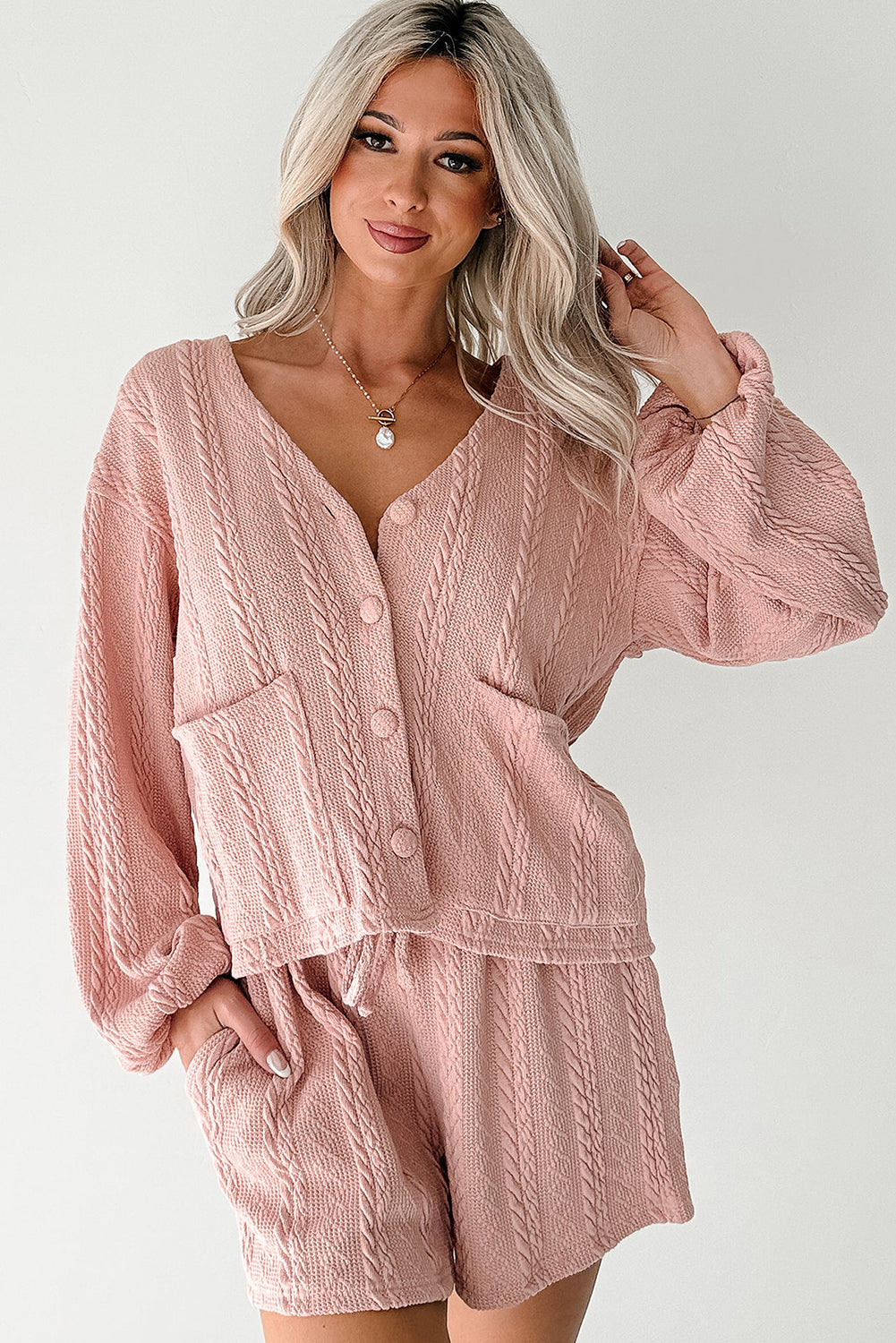 Gossamer Pink Cable Knit V Neck Cardigan Shorts Set 6998013f7d9b84d1
