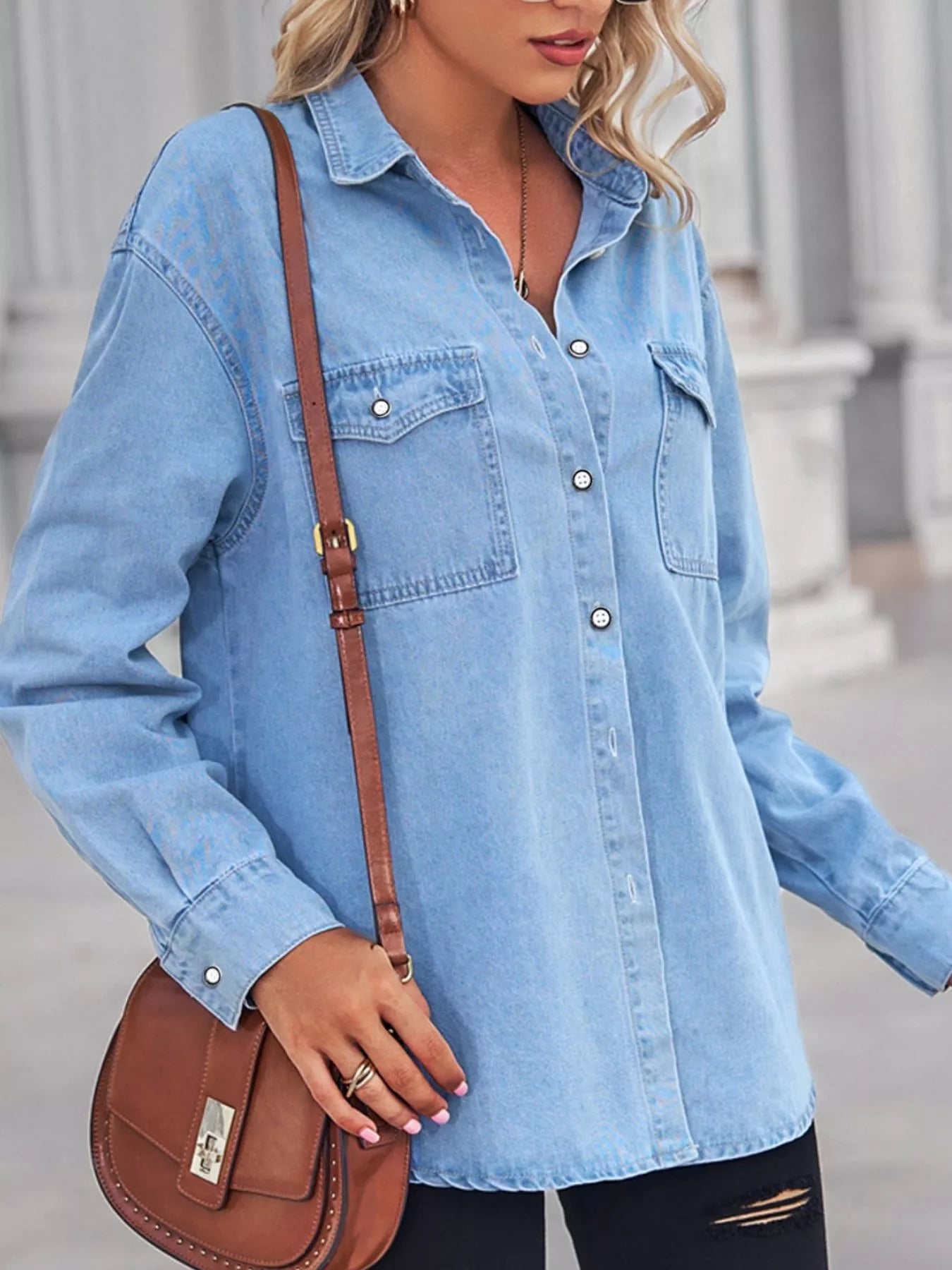 Button Down Washed Denim Shirt with Chest Pockets 69a315a6-062f-42d9-a06e-7d803a6893ec-Max-Origin