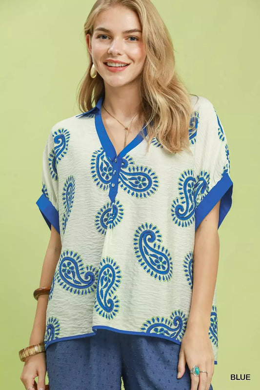 Paisley Print Contrast Trim Top BLUE 69a38d7a-302c-4e05-b0c6-b299767118f2-Max-Origin
