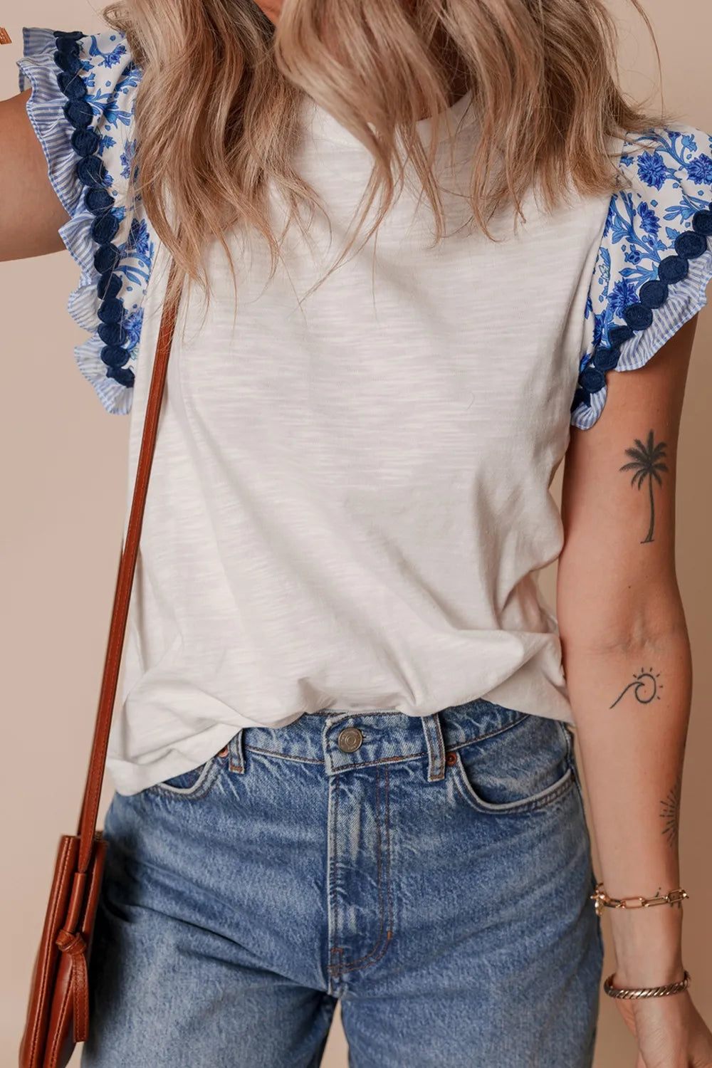 Round Neck Printed Ruffled Cap Sleeve Blouse 69a695bc-557d-4257-9b71-00cc4f571ee3-Max