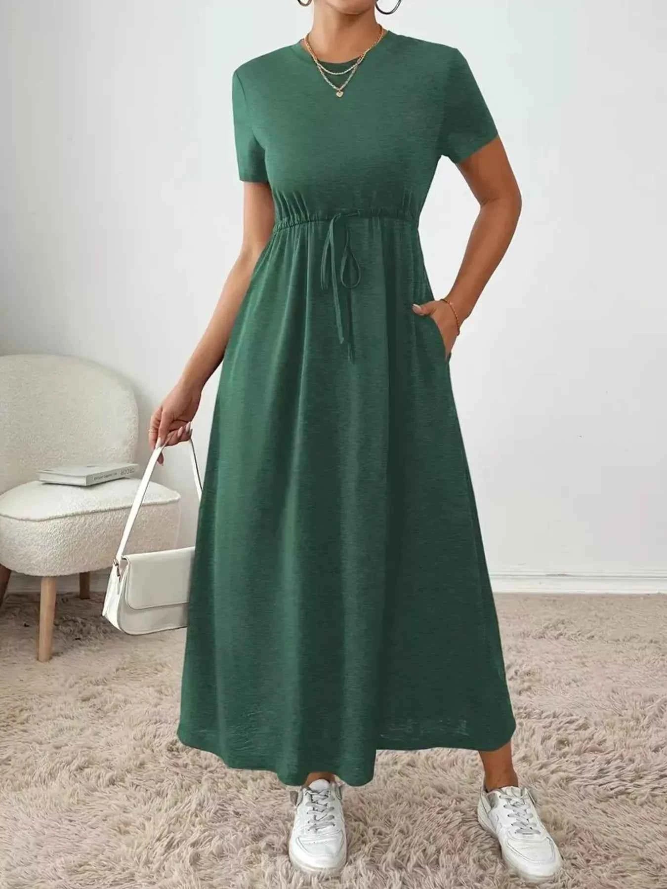 Casual Drawstring Waist Short Sleeve Tee Dress Dark Green 69ab6b8ffb1947f38d610f227d5e8c3a-Max-Origin