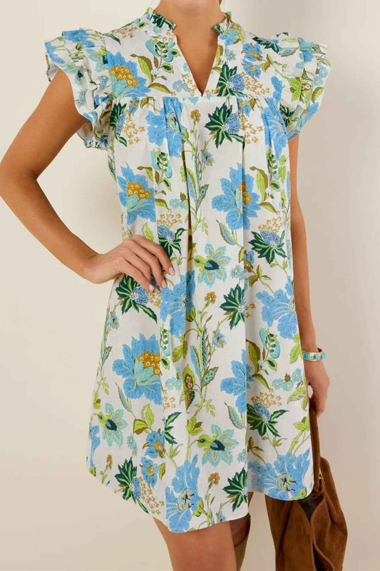 Beige Floral Print V Neck Triple Ruffle Short Sleeve Shift Mini Dress Beige 55%Cotton+45%Viscose 69ac648d94d1a8ee