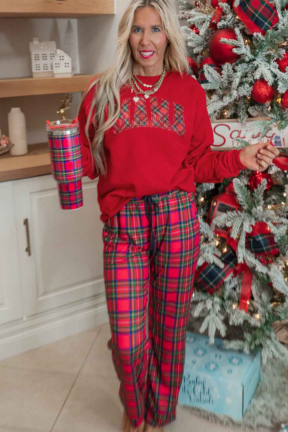 Red Plaid MAMA Graphic Christmas Holiday Crewneck Pullover and Pants Lounge Set 69ad44c834ca659c