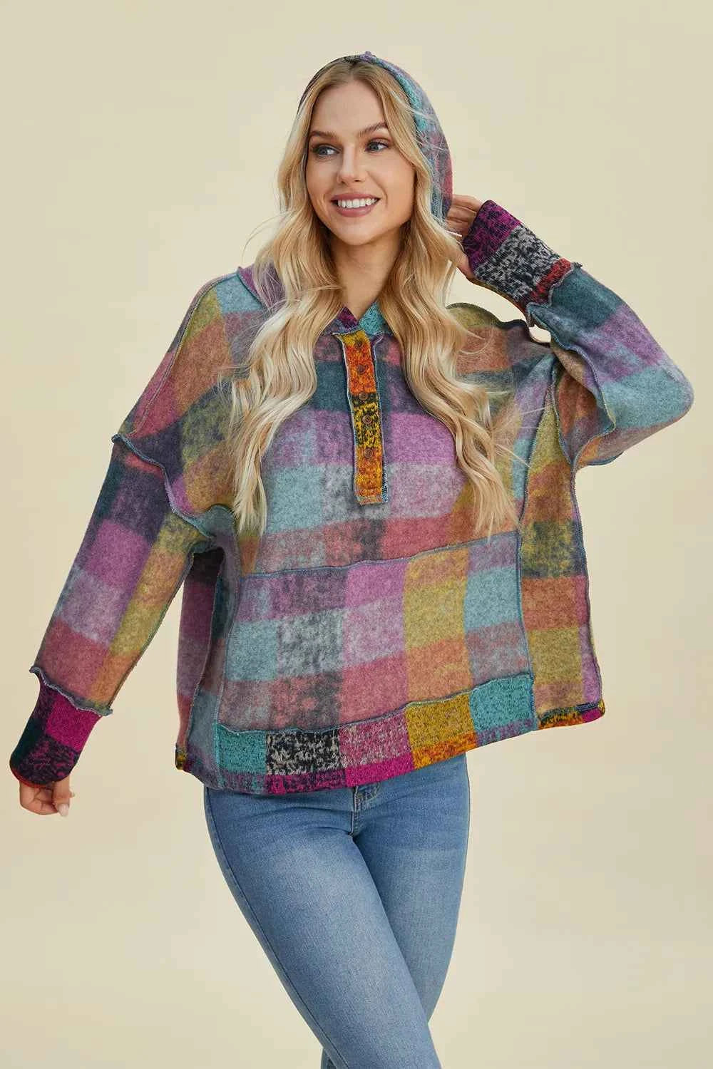 Double Take Full Size Plaid Dropped Shoulder Fleece Hoodie 69add124-65fc-4b45-9cf7-267a33384103-Max