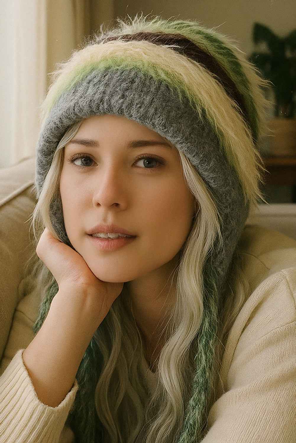 Spinach Green Plush Striped Knit Ear Warm Beanie Hat Spinach Green ONE SIZE chinlon 69b834ea2a7b149c