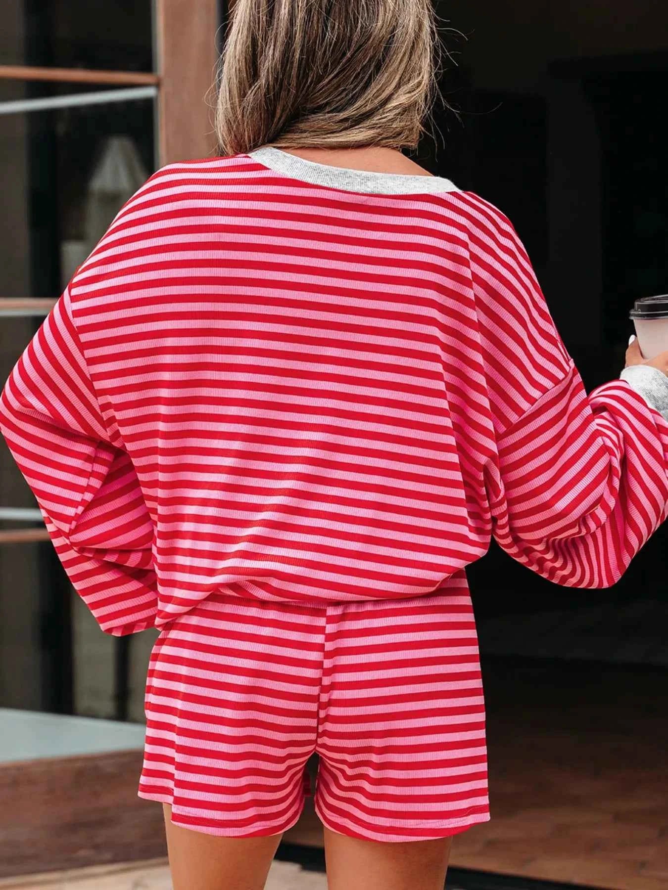 Stripe Drop Shoulder Baggy Top and Shorts Casual Set