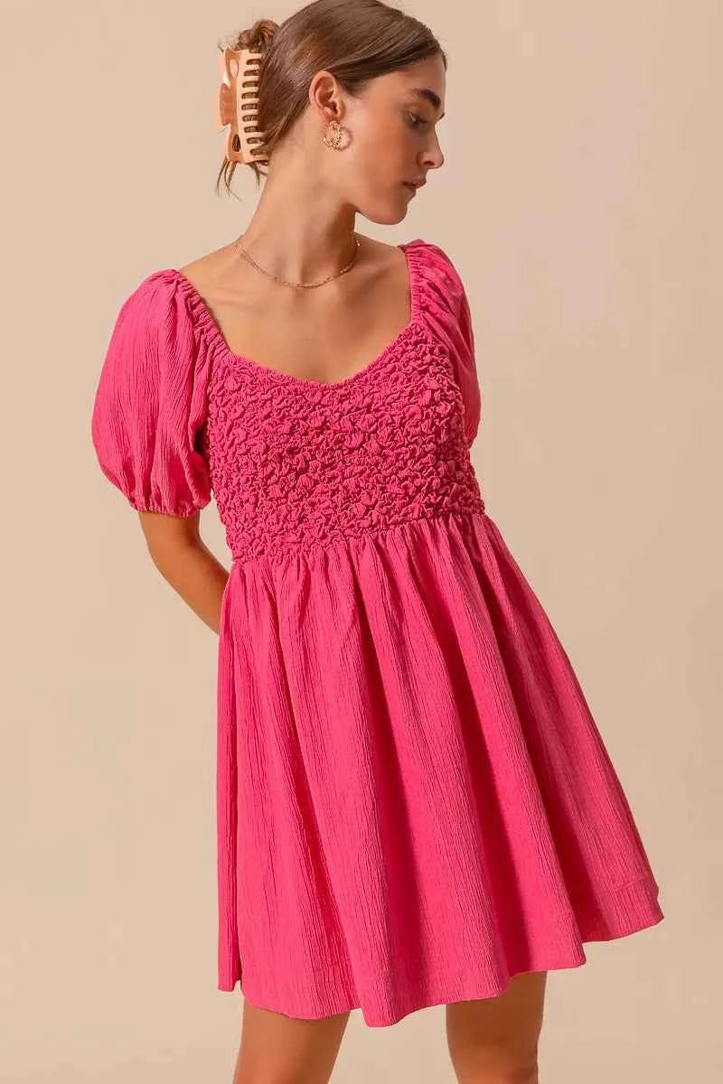SO ME Textured Woven Daily Dress with Puff Sleeves PINK 69cadf19-70ff-4625-870b-3bde91deefeb-Max-Origin