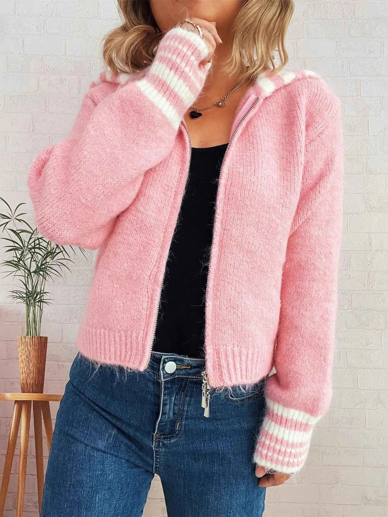 Striped Zip-Up Cardigan Pink One Size 69cbb626739440b18a526d41d3961f98-Max-Origin