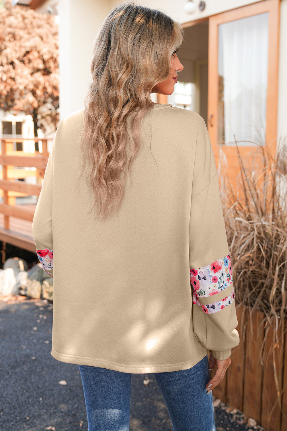 Wisteria Flower Applique Patchwork Drop Sleeve Pullover Sweatshirt 69cd0f6f755fed37