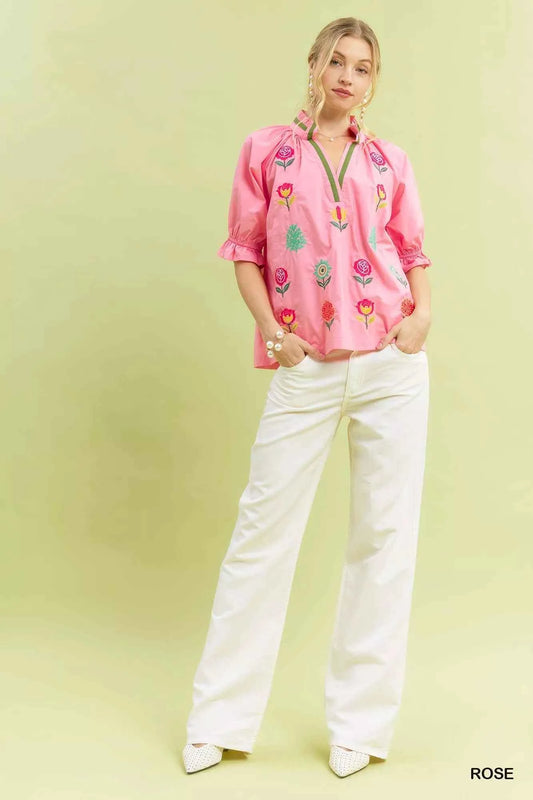 Embroidered Floral Top with Contrast Trim 69ce36df-83bc-4098-8ba8-fa174c612ee1-Max-Origin