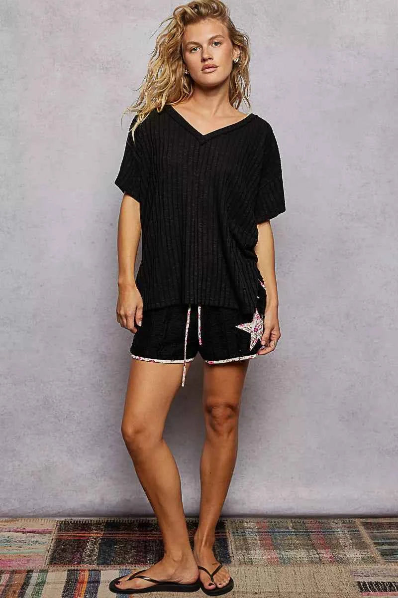 POL Ribbed Knit V-Neck Short Sleeve T-Shirt 69d7c5cc-f470-4062-9c5a-4e4de30bd4bb-Max-Origin