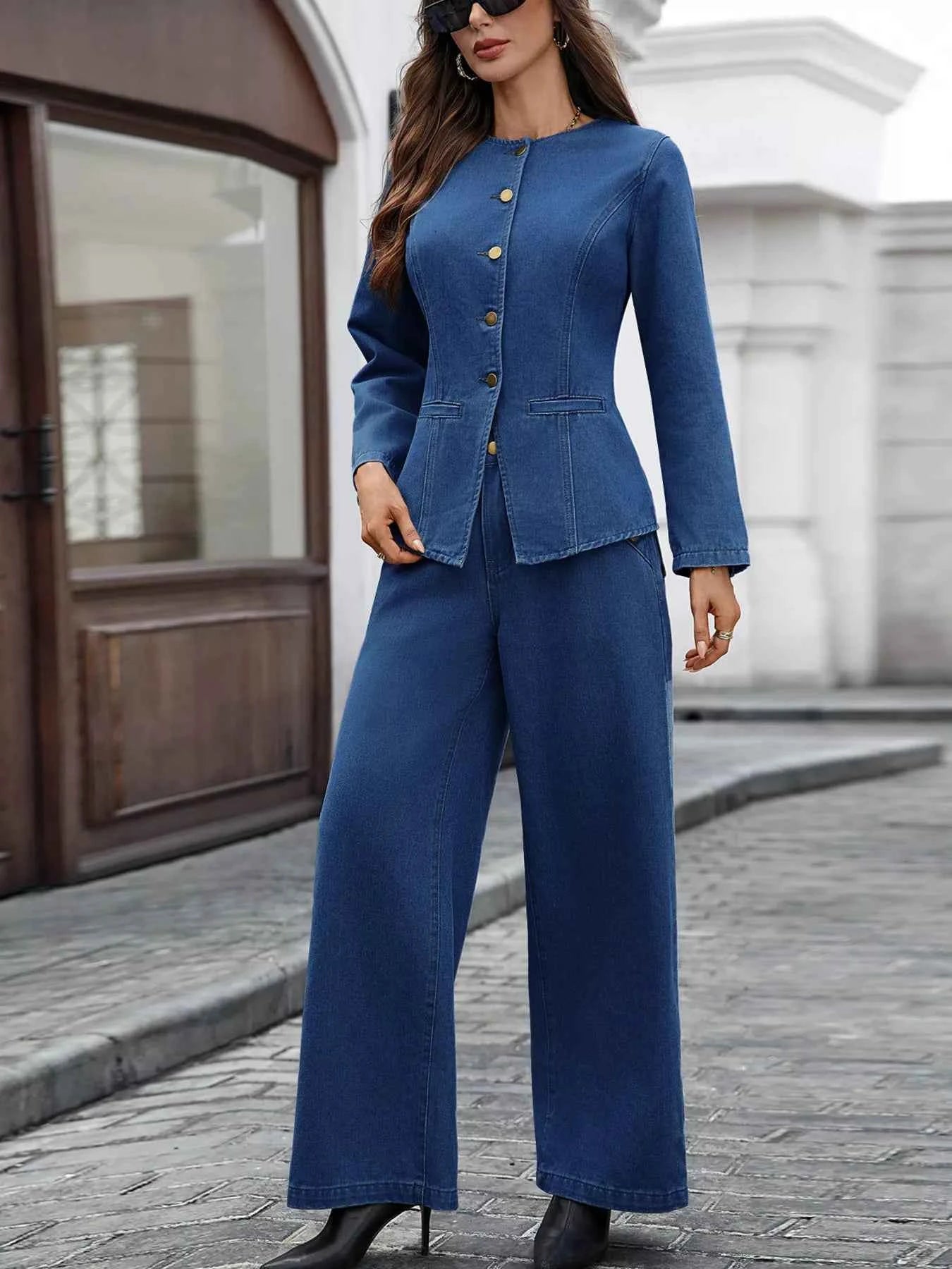 Button Up Long Sleeve Top and Jeans Denim Set Navy 69df6e89d3034bc3b6c454ad507a88ed-Max-Origin