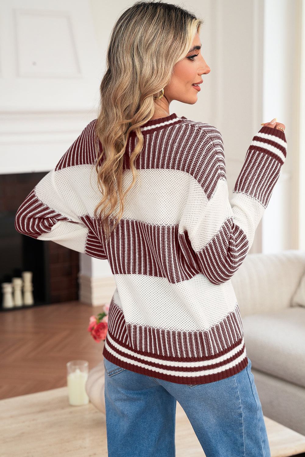 Brown Two Tone Striped Patchwork Drop Shoulder Sweater 69dffe6650359807