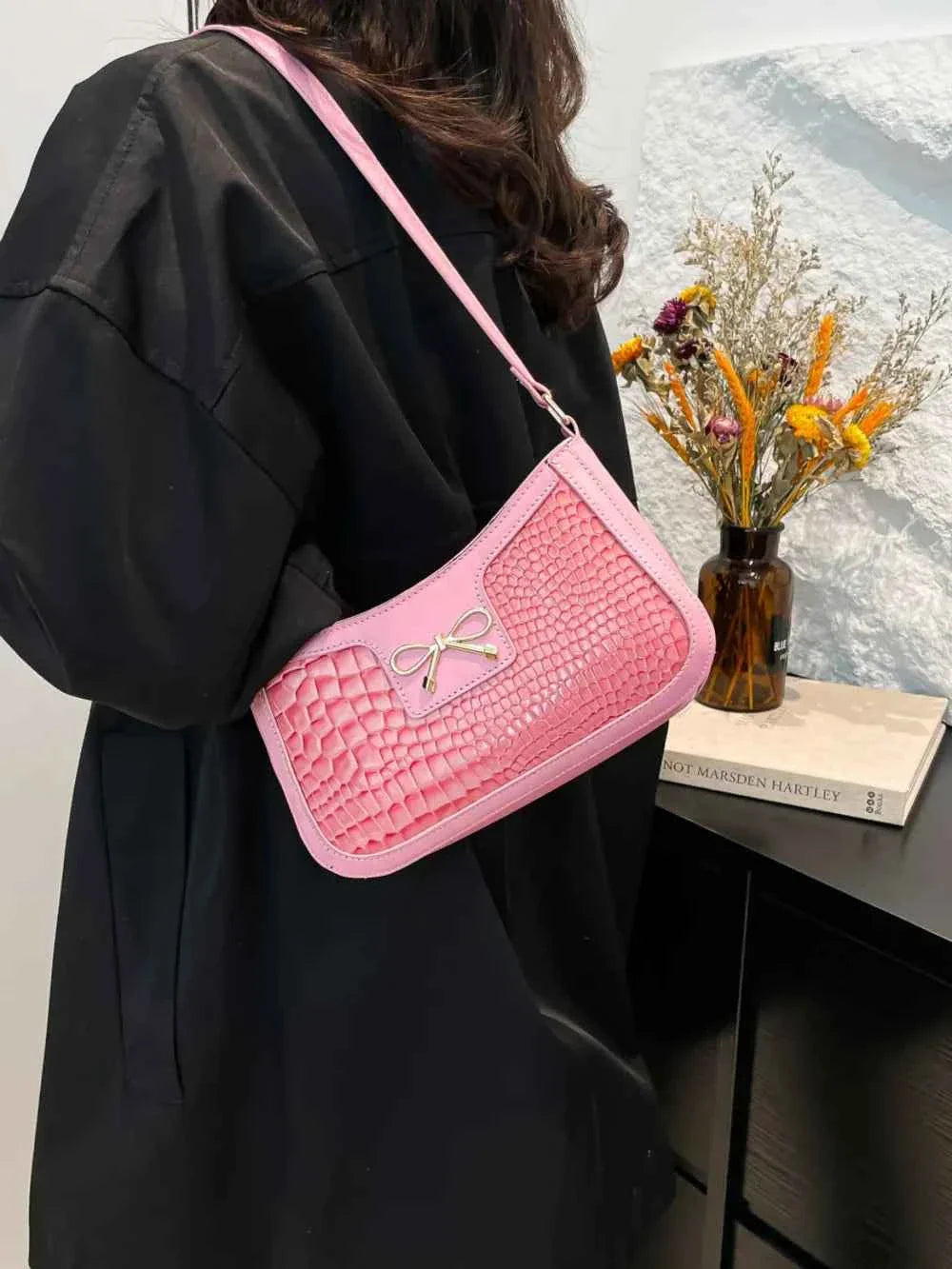 Crocodile Pattern Shoulder Bag with Bow Detail Pink One Size 69e1e5c2-8c88-4ca1-8aba-65fff3b0a57e-Max
