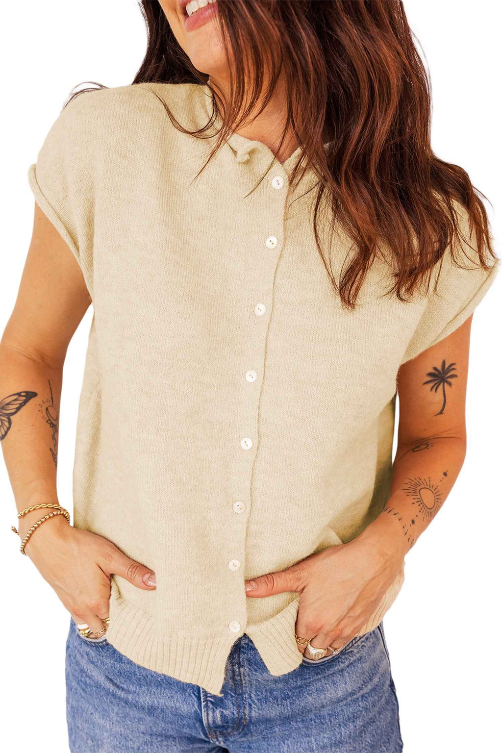 Apricot Buttoned Front Rolled Hem Cap Sleeve Sweater Top 69e32a20ccaa3871