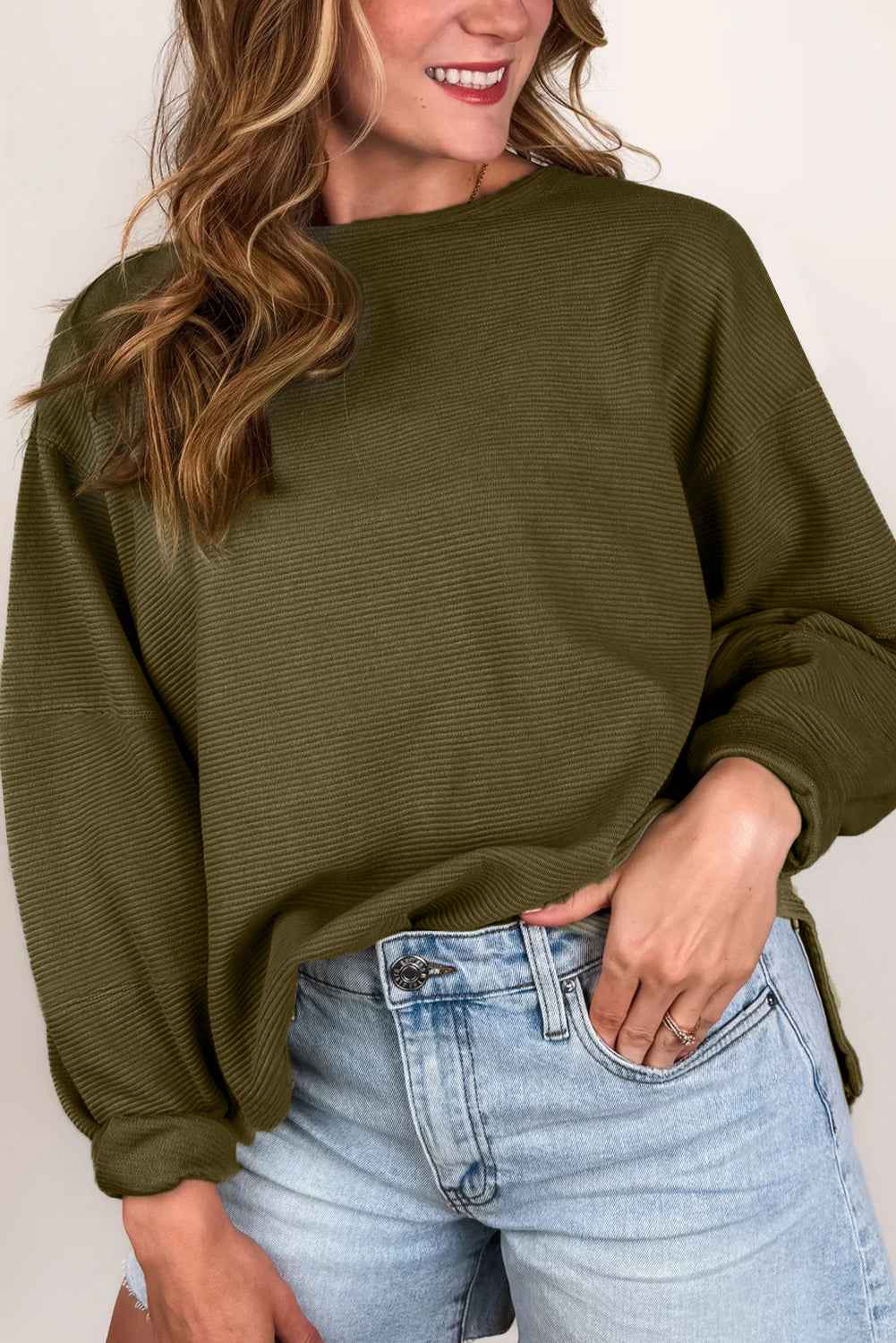 Seagrass Plain Ribbed Exposed Seam Loose Top 69e47019d906410d