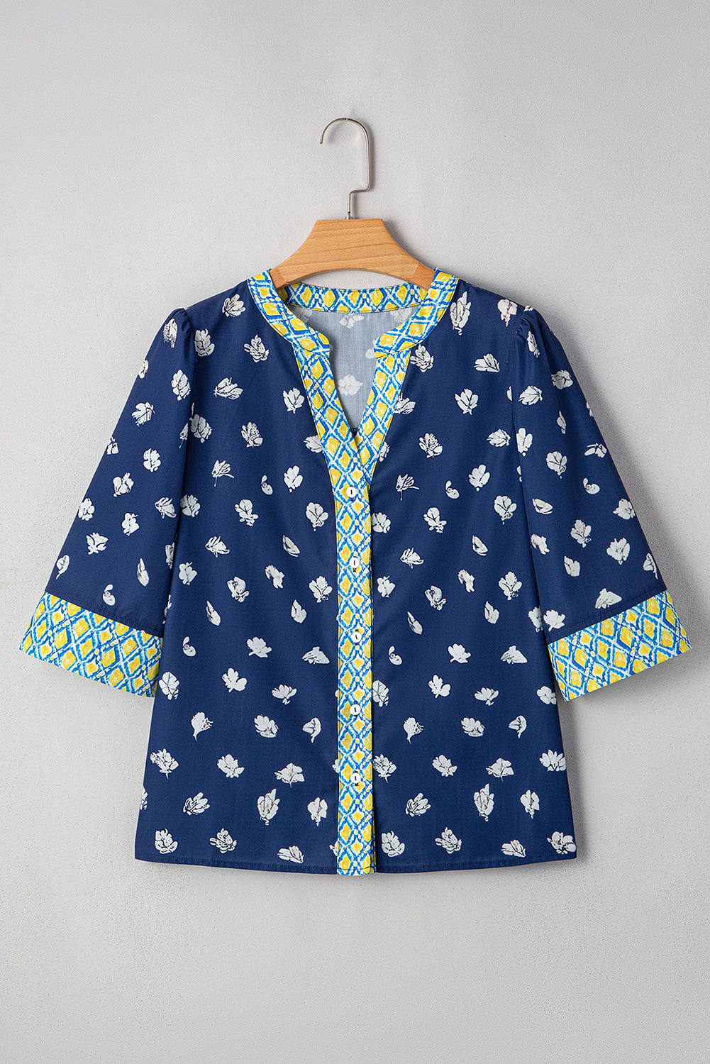 Blue Floral Print Pop of Color V Neck Patchwork Blouse 69e8d7119d15ae8c
