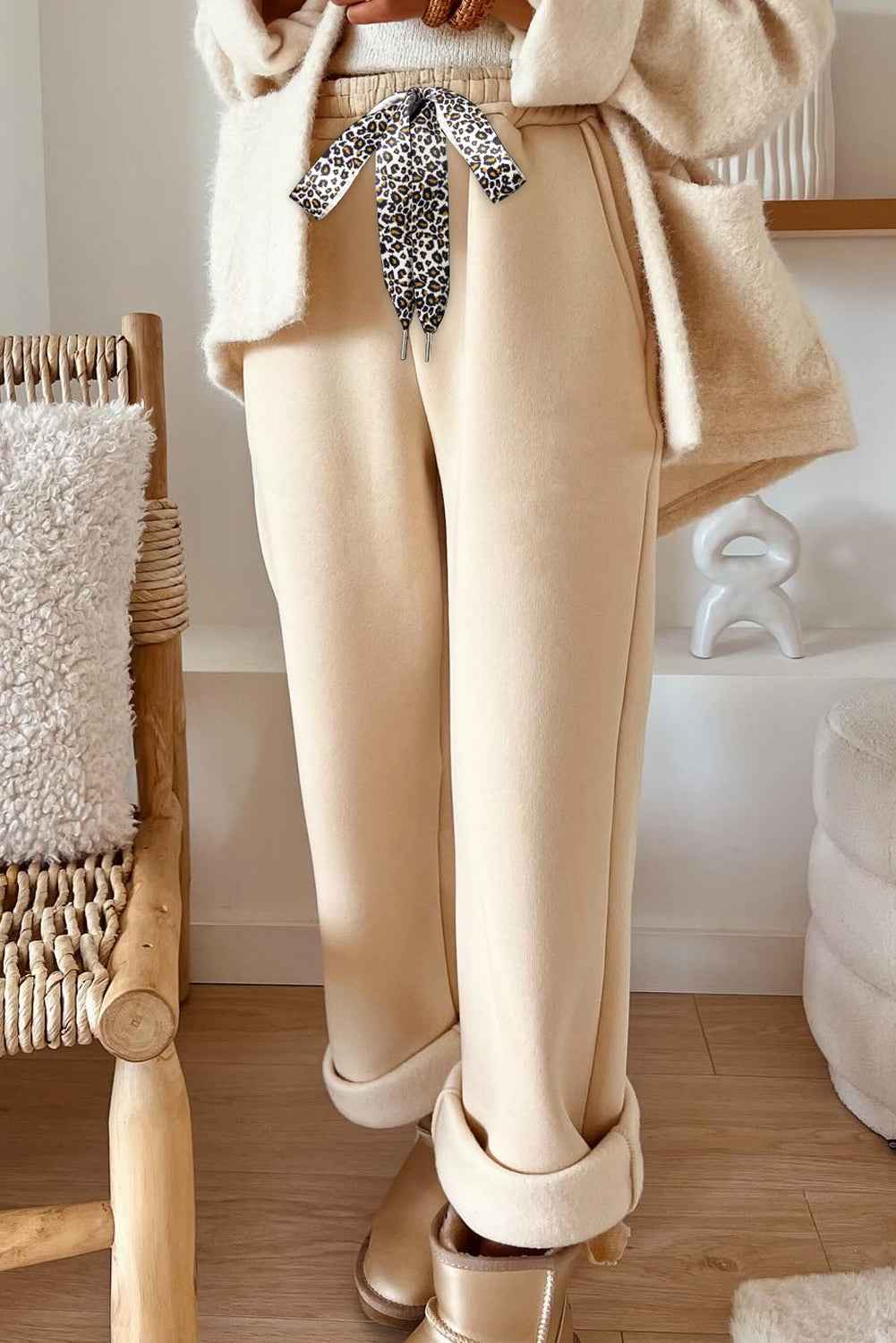 Oatmeal Fleece Lined Leopard Drawstring Elastic Waist Solid Pants 69e9240decb7a9a4
