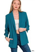 Zenana Woven 3/4 Ruched Sleeve Open Front Classic Blazer TEAL 69ee0cd6990045d6bbe48b373a3a54f8-Max-Origin