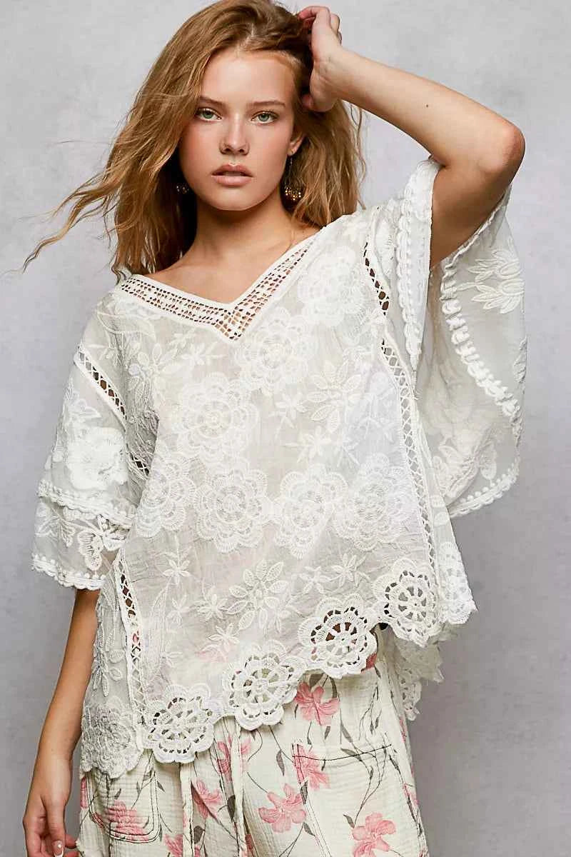 POL Floral Crochet V-Neck Short Sleeve Blouse with Scalloped Hem 69efc6b0-0cd6-4c7e-8718-ce592a668d67-Max-Origin