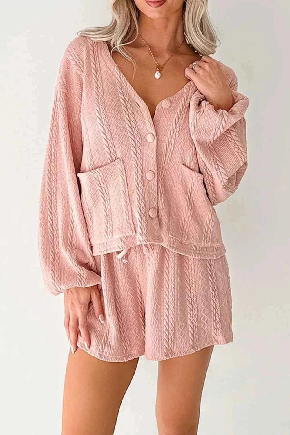 Cable Knit V Neck Cardigan and Shorts Set 69f0d22b-647b-489a-bf59-e8a5c49f2b41-Max-Origin
