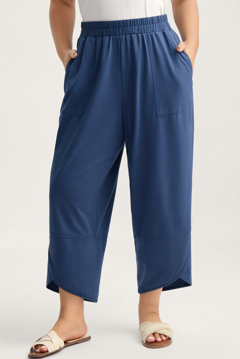 Sail Blue Plus Size Elastic Waist Asymmetrical Hem Loose Capris Pants Sail Blue 75%Polyester+20%Cotton+5%Elastane 69f71b535f9221a3