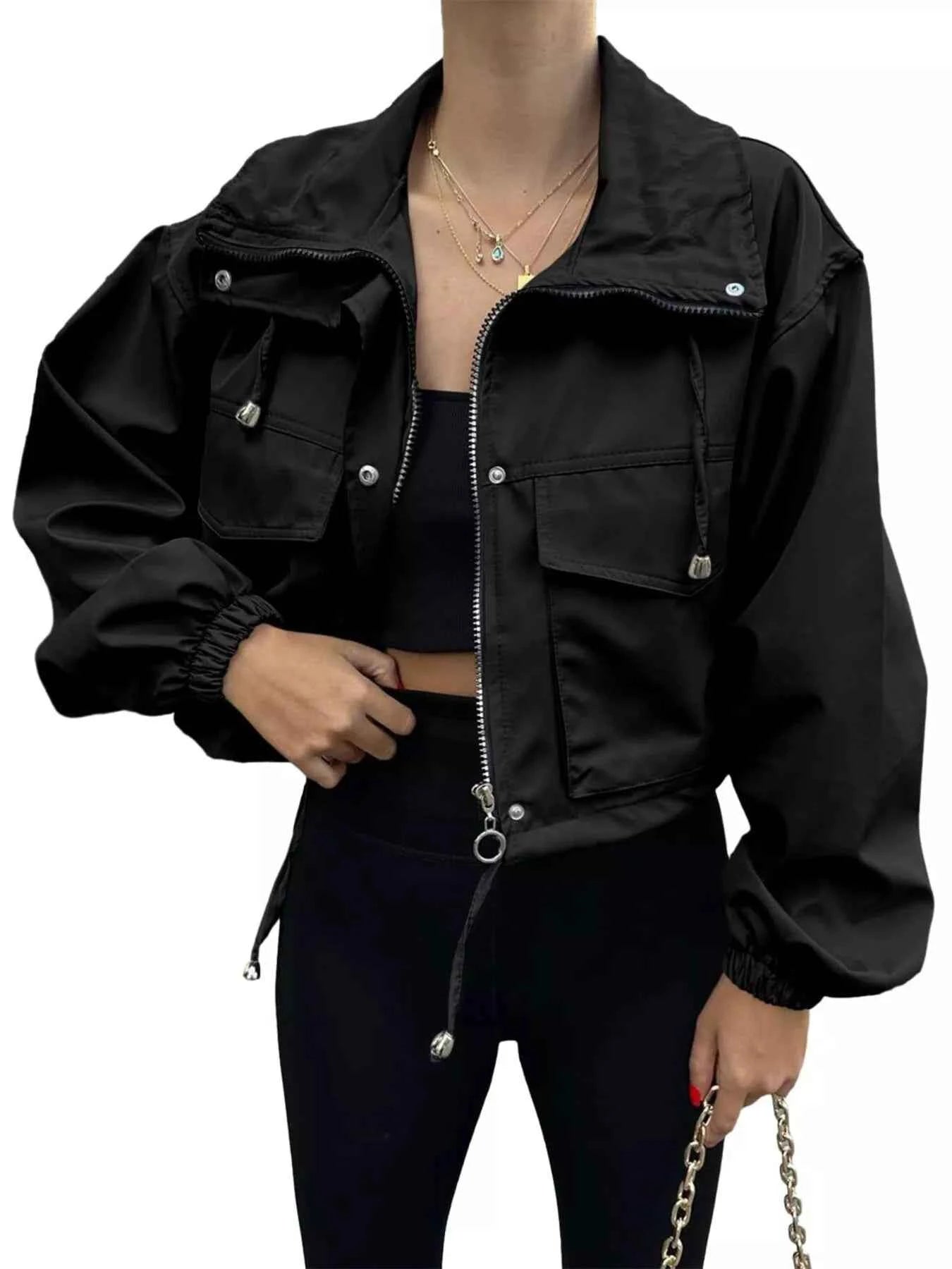 Drawstring Hem Zip Up Jacket 69f85bae14c6446a94e6bda4f307f83a-Max-Origin