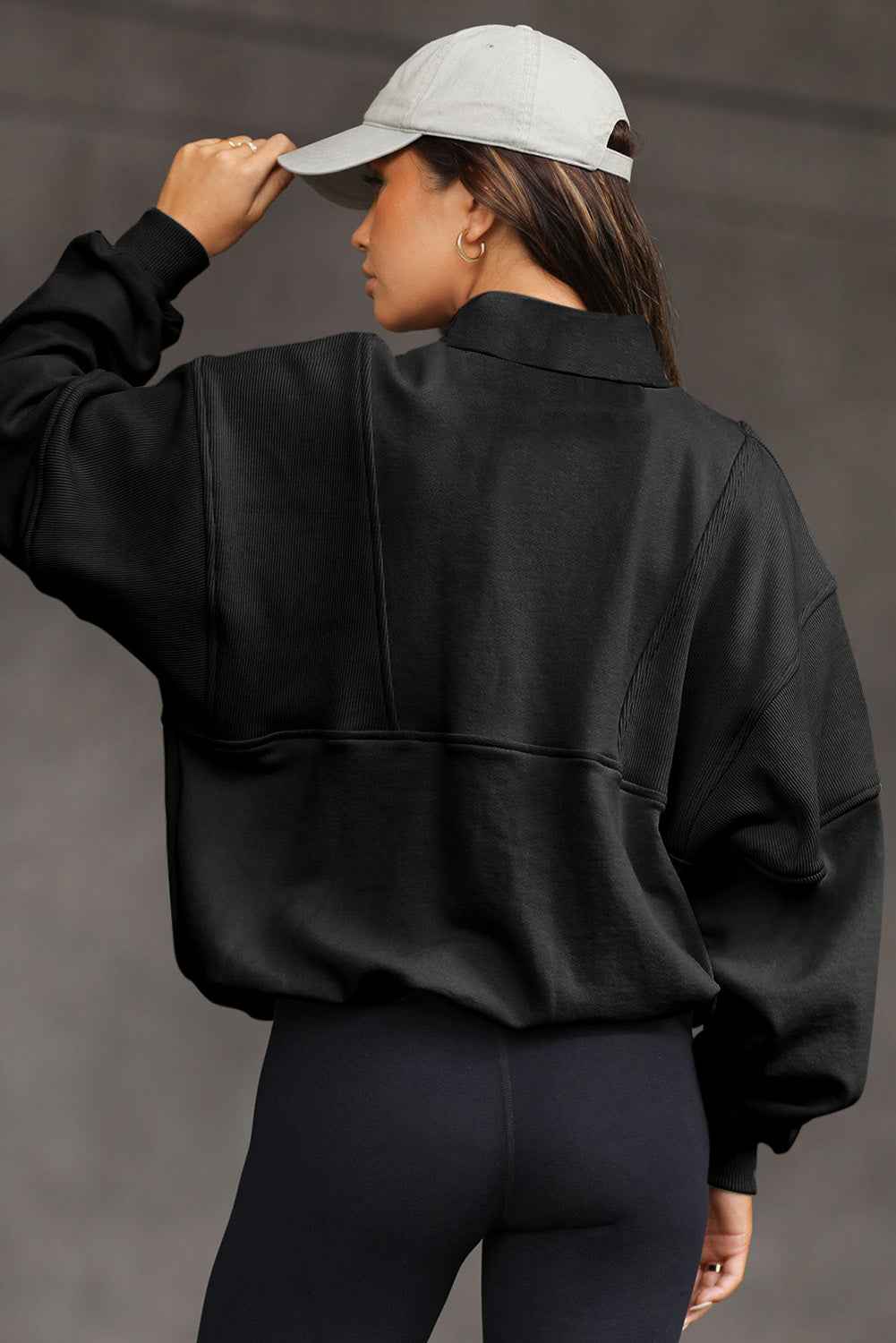 Black Half Zip Stand Collar Exposed Seam Solid Color Casual Sweatshirt 69f8fe81998e43d9
