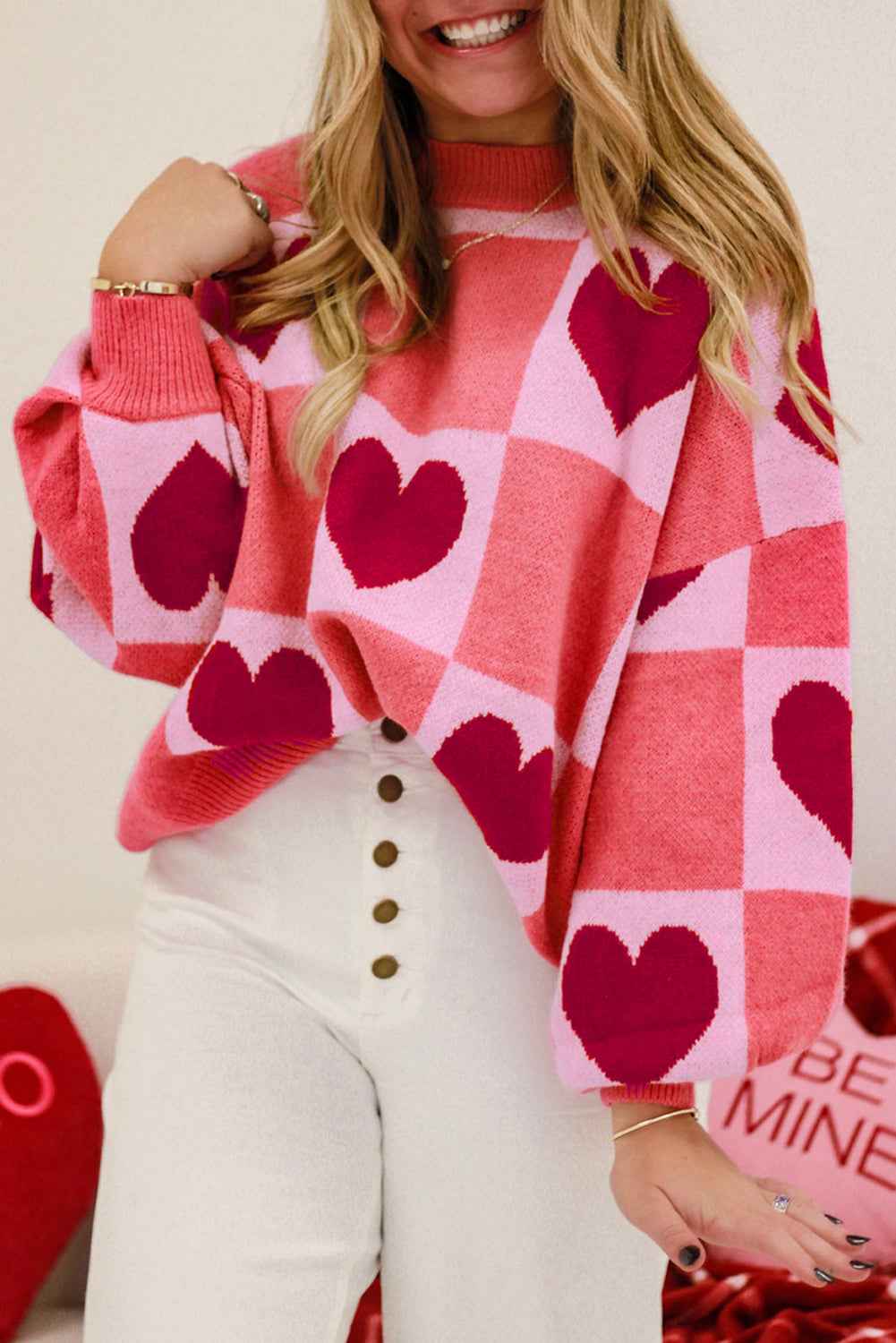 Pink Plus Size Heart Checkered Colorblock Lantern Sleeve Sweater Pink 50%Viscose+28%Polyester+22%Polyamide 69fa1a0031e190e2
