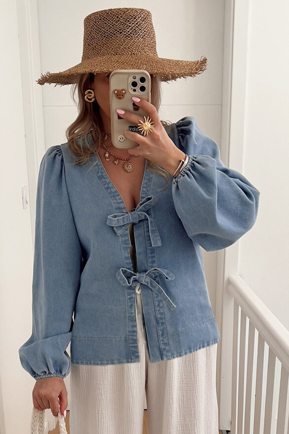 Dusk Blue Bow Tie Front Puff Sleeve Denim Top 69fbe98df7732a2a
