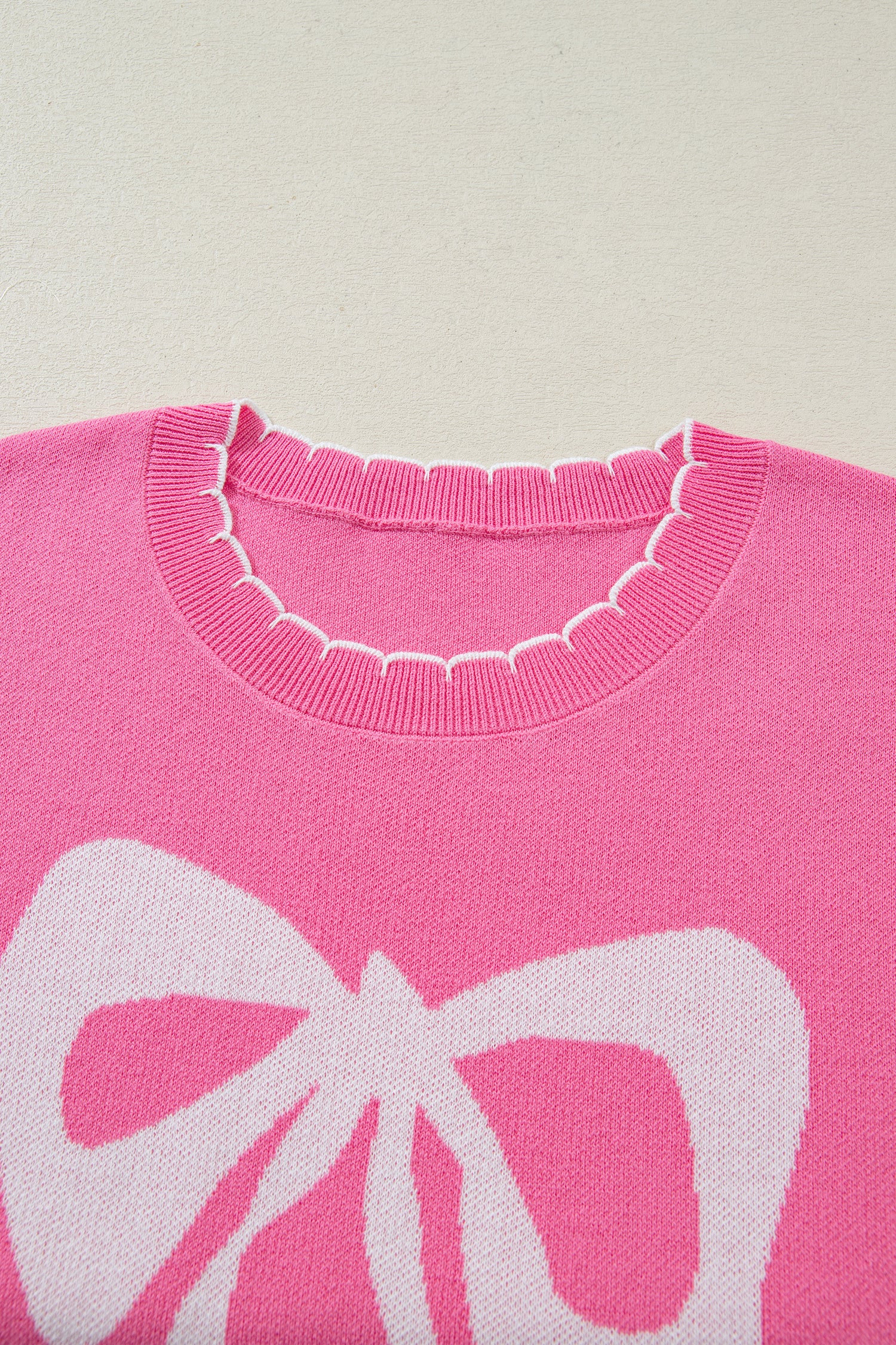 Sachet Pink Big Ribbon Bow Print Contrast Stitch Trim Drop Shoulder Sweater 69fdb321b5235175