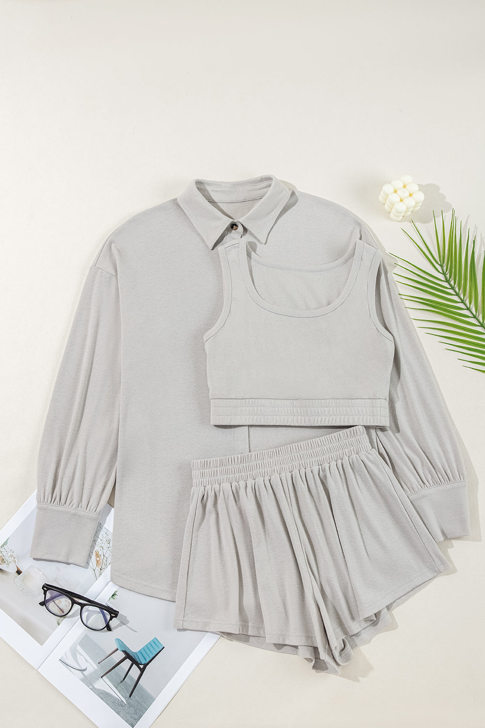 Black Shirred Hem Crop Tank Top Loose Shorts Cardigan 3 Piece Pajama Set Gray 69fdb4a3681e400c