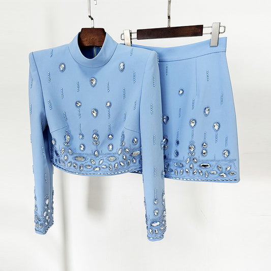 Rhinestone High-Neck Two-Piece Skirt Set