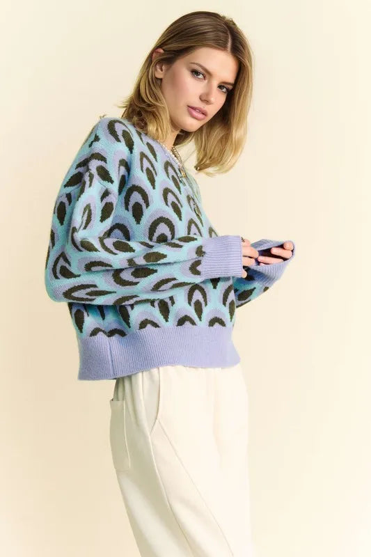 Scale Jacquard Round Neck Drop Shoulder Sweater 6a03524d-c6e4-404d-a1d9-3635126ca7da-Max