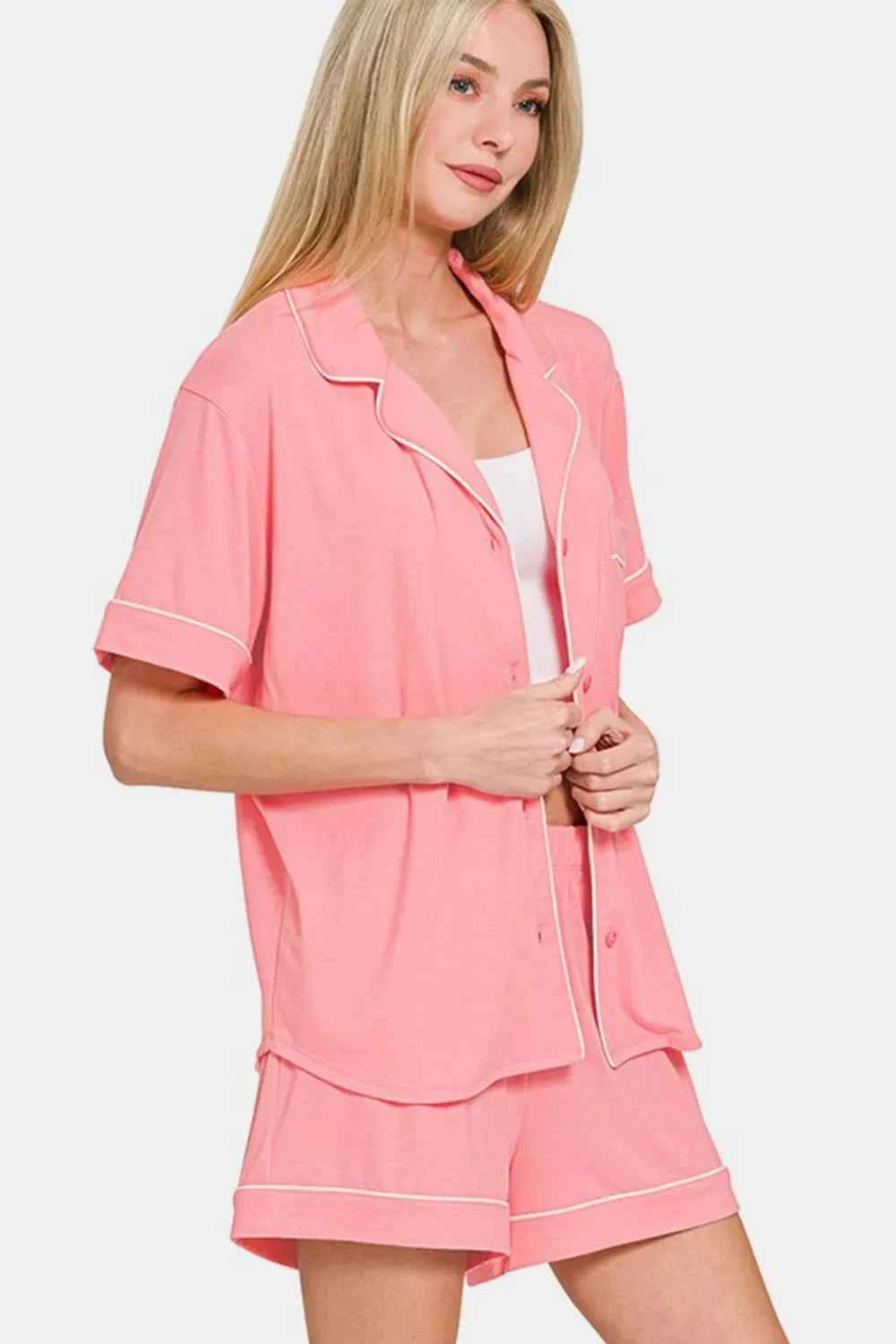 Zenana Button Down Short Sleeve Top and Shorts Lounge Set 6a071aee-712a-4566-b4e6-10dbcfad664c-Max