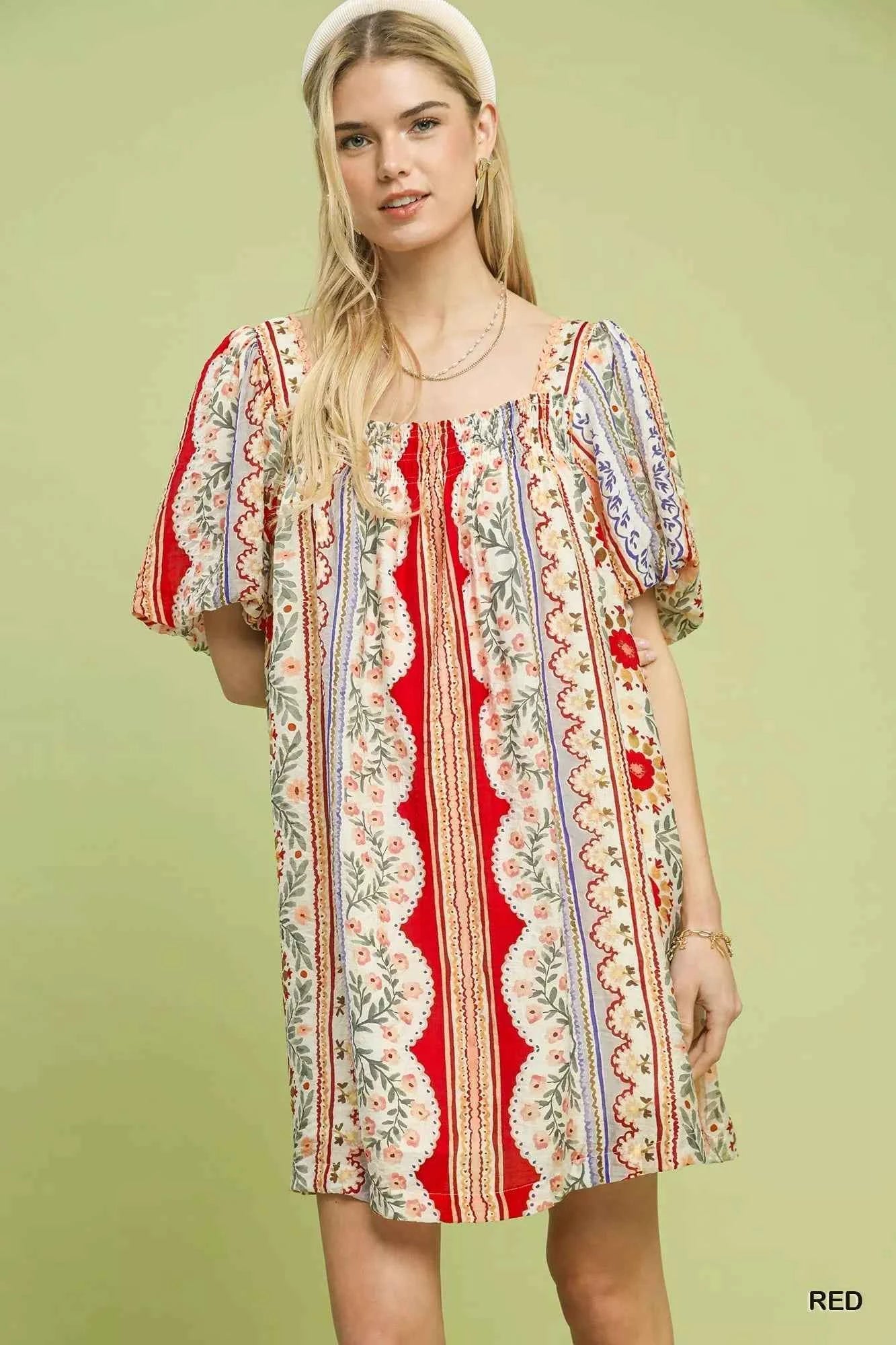 Umgee Mixed Print Puff Sleeve Mini Dress RED 6a11a456-4e58-46d9-9dba-19423c187d0b-Max-Origin