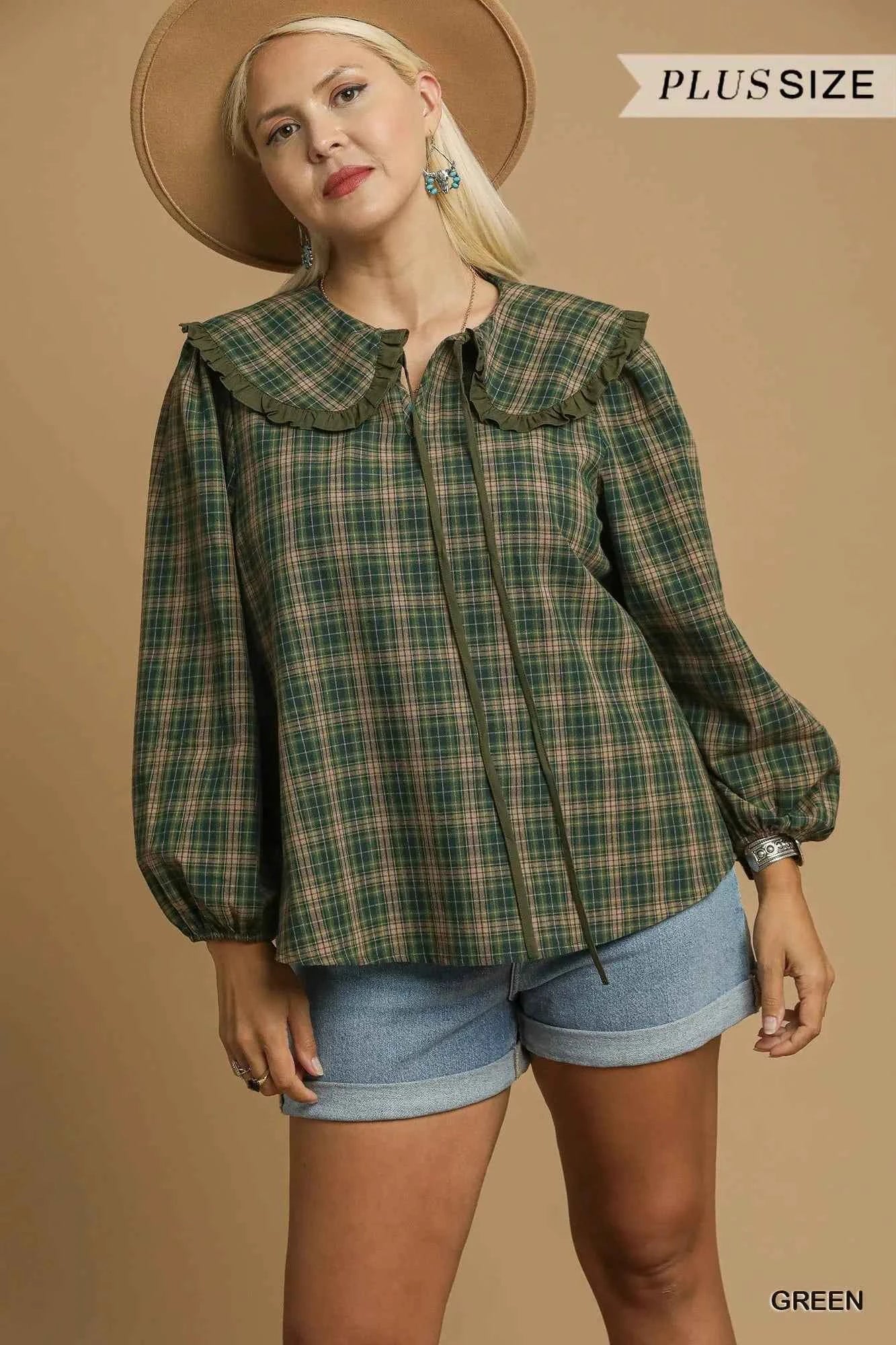 Umgee Full Size Plaid Ruffle Collar Blouse Plus Size 6a12e3b0-a3d5-4822-9307-38813df4a60d-Max-Origin