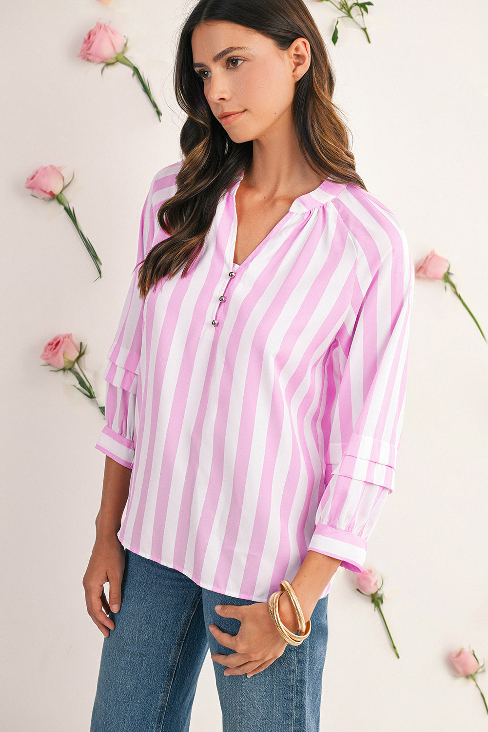 Rose Striped Button V Neck Raglan Sleeve Blouse 6a141ec137774d77