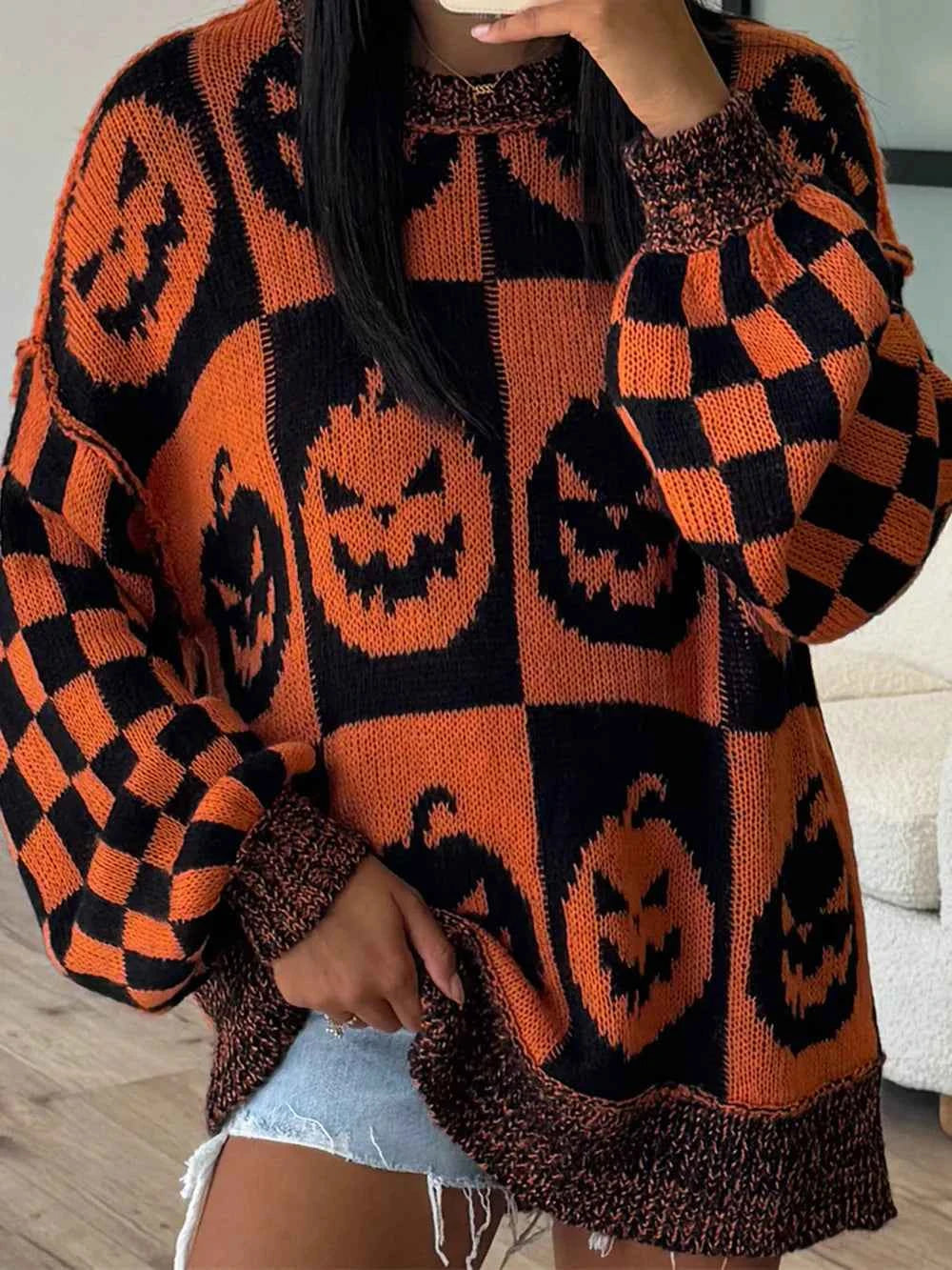 Exposed Seam Pumpkin Round Neck Long Sleeve Sweater 6a1582c0-f0a5-4a21-95b7-1d399fea5234-Max