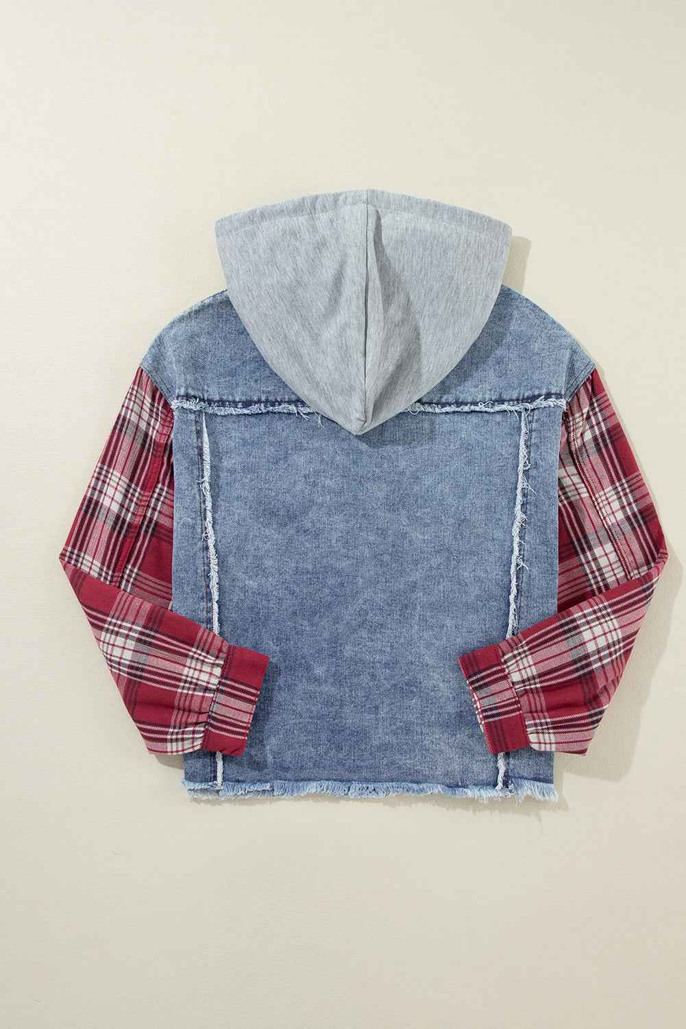 Beau Blue Plaid Print Patchwork Hooded Raw Hem Denim Jacket 6a18d3d39c76cf03