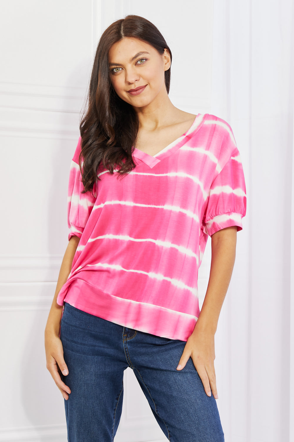 Yelete Full Size Oversized Fit V-Neck Striped Top 6a20d3a17b5e417fae602a2bb3eb7905-Max