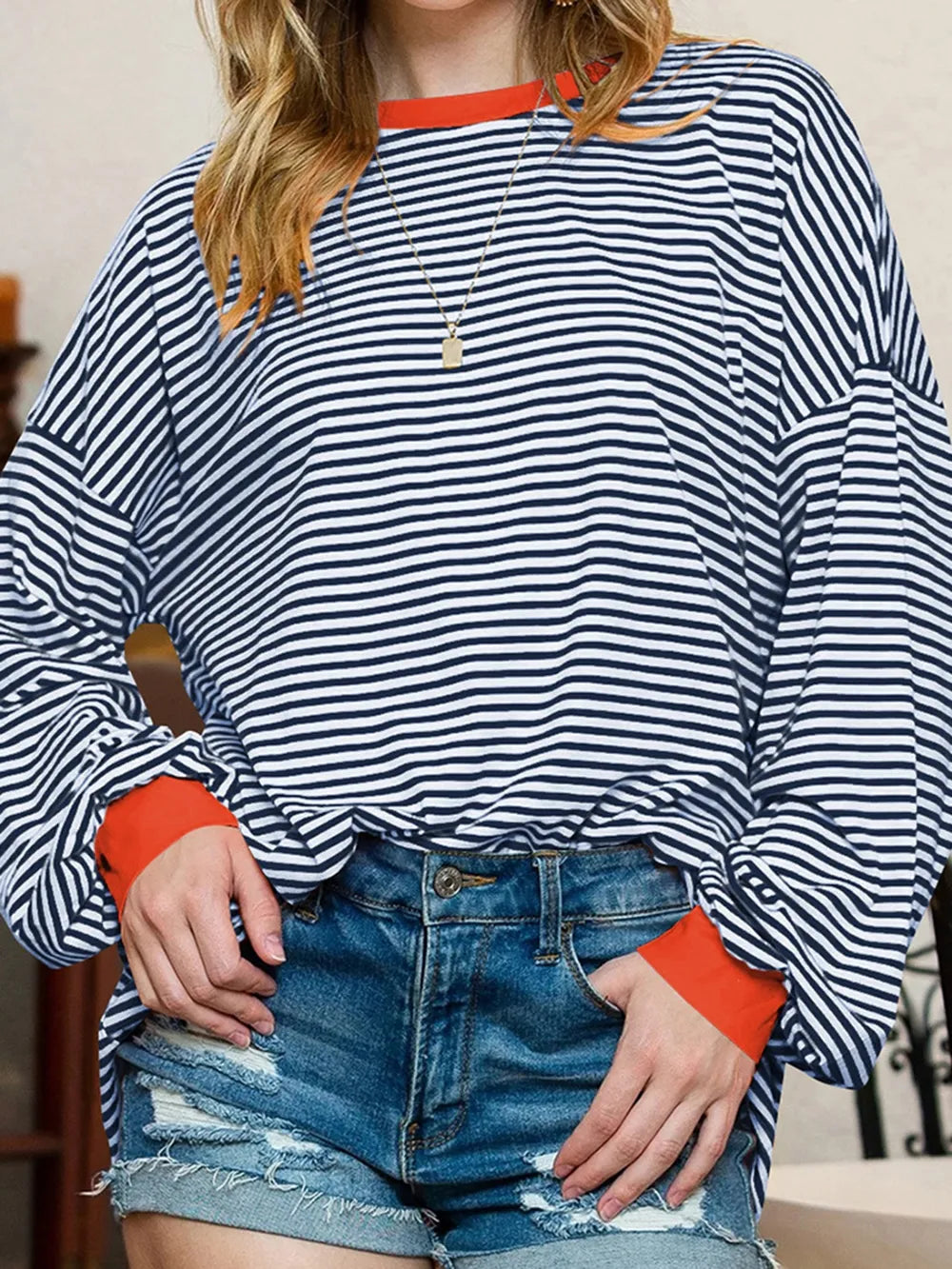 Contrast Striped Long Sleeve Sweatshirt Navy 6a231587-de49-452a-a585-defafc39d2c6-Max