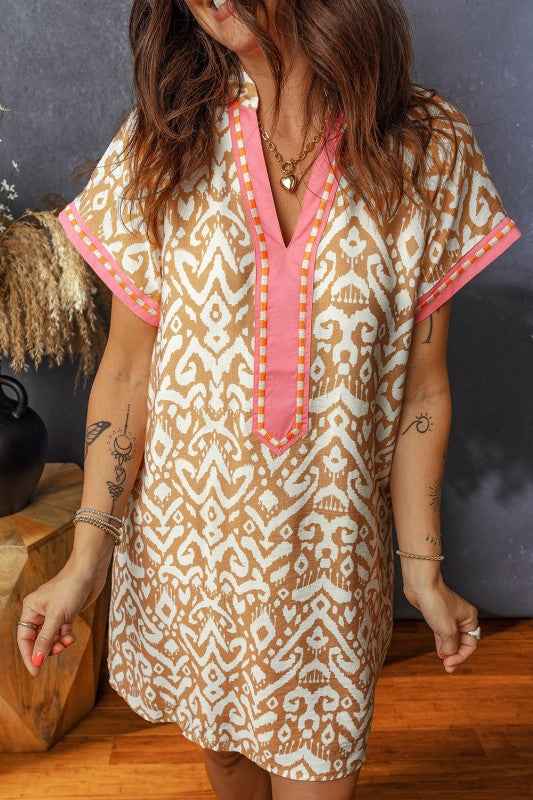 Western Stripe Colorblock Short Sleeve Mini Dress Khaki 6a234441-1b35-4373-92de-1f7f68f919f7