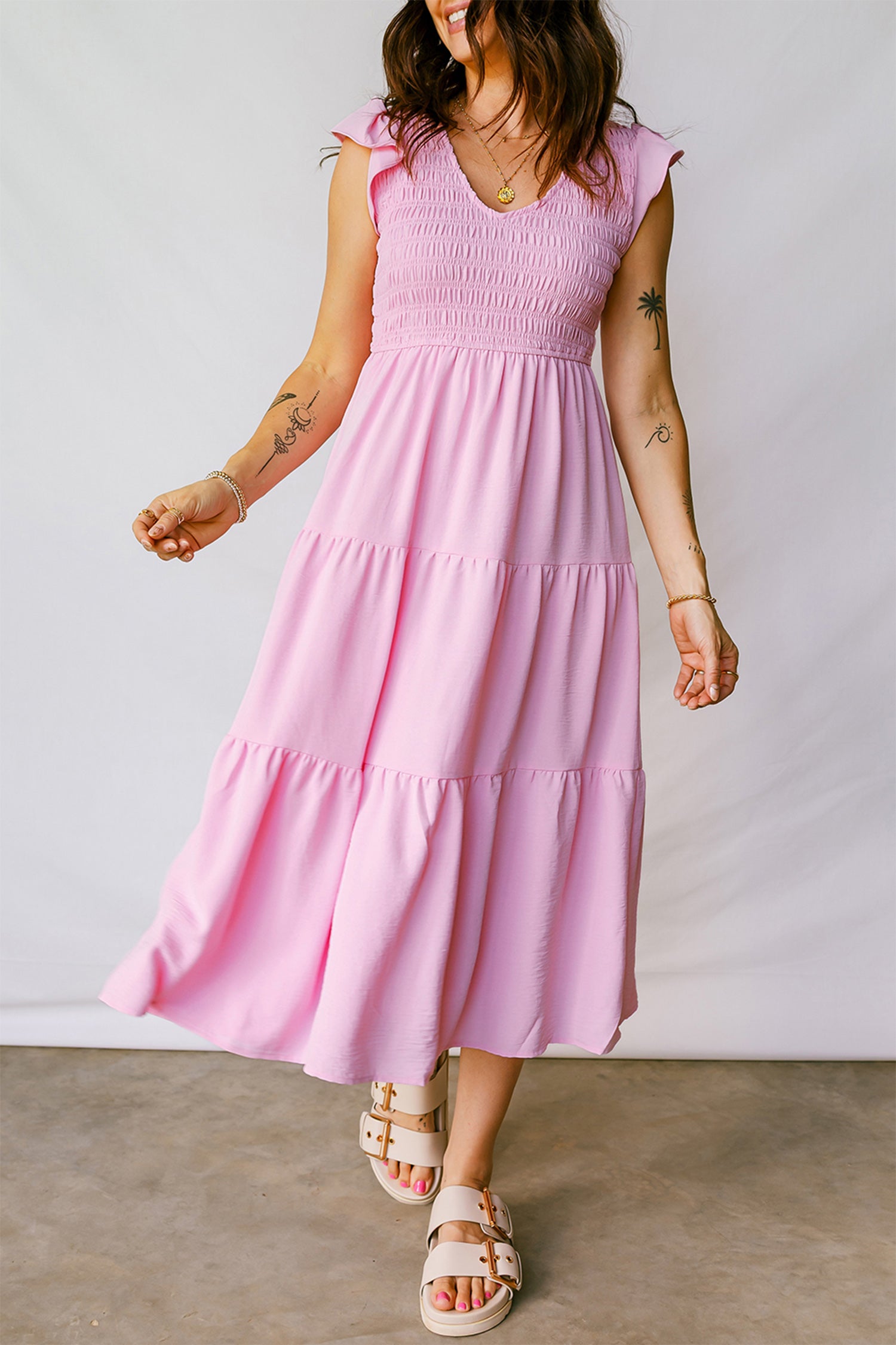 Pink Smocked Bodice Flutter Sleeve Fit Flare Tiered Midi Dress 6a234822d58ce582