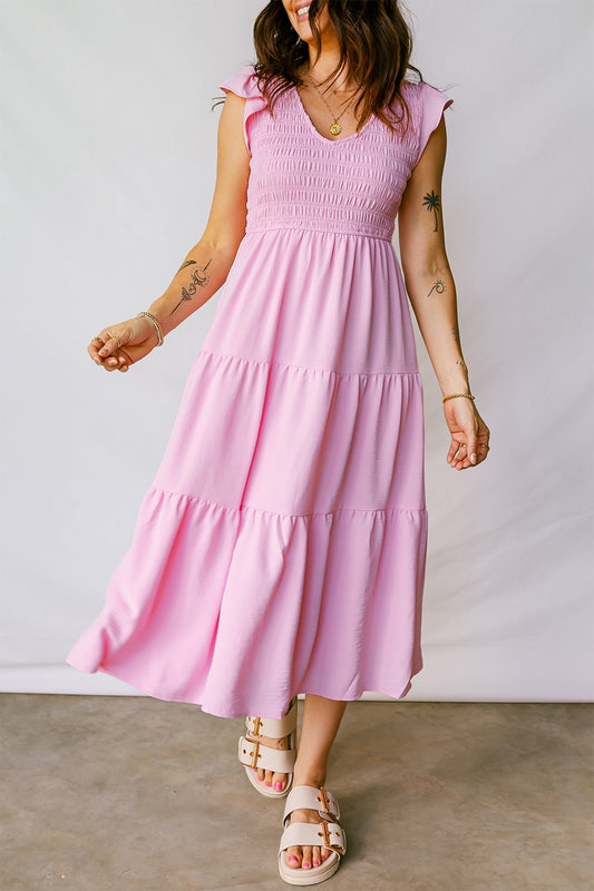 Pink Smocked Bodice Flutter Sleeve Fit Flare Tiered Midi Dress 6a234822d58ce582