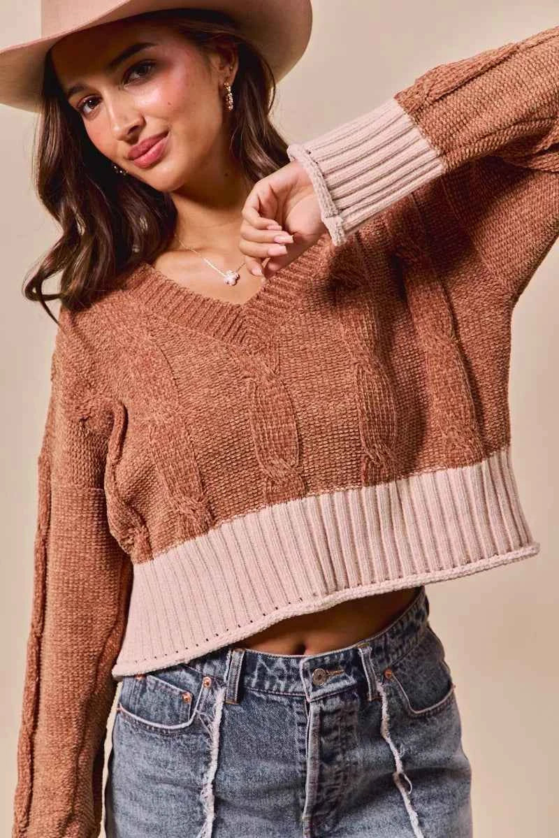 SO ME Chenille Cable Knit V Neck Contrast Cropped Sweater 6a269f1a8a0a4d3aaf5286b2a43103bf-Max-Origin