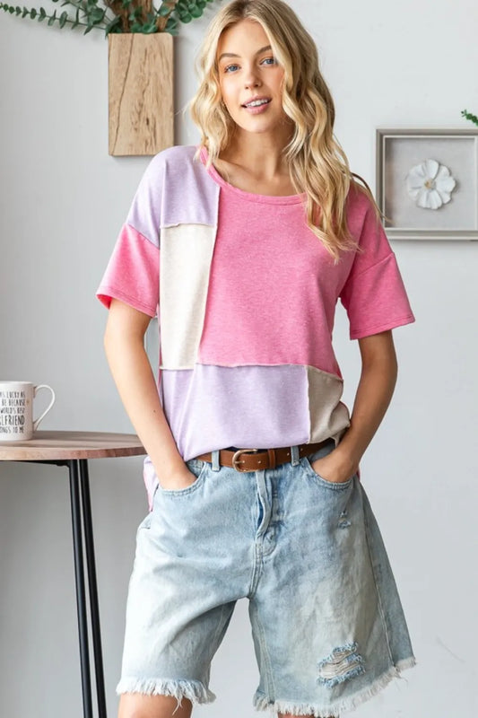 Full Size Color Block Exposed Seam T-Shirt 6a2e1424-d5c8-45ee-9992-9b4b8b1fc4cc-Max